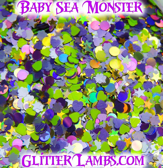Our "Baby Sea Monster" loose glitter mix has gold holographic stars, gold holographic dots, purple holographic dots, lilac daisies, neon green hearts and lilac stars.