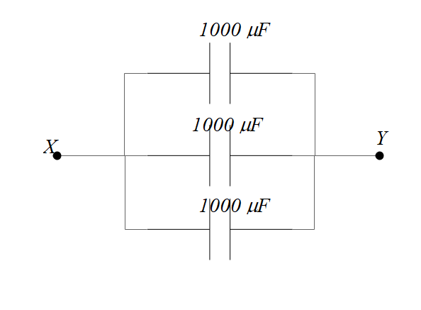 Three capacitors each of 1000μF are connected in an electric circuit