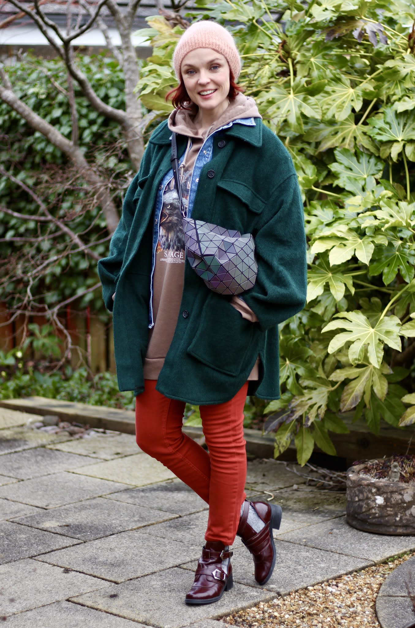 Red Skinny Jeans, layered hoody and DOUBLE SHACKETS