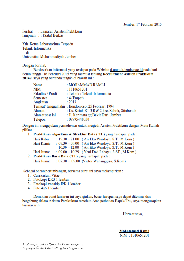 Contoh Surat Lamaran Asisten Praktikum dan Curriculum 