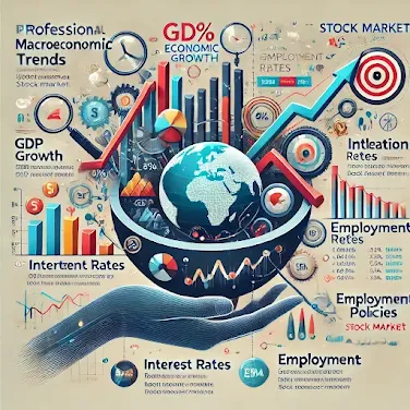 An infographic illustrating macroeconomic trends affecting the stock market, featuring GDP growth, interest rates, inflation, employment data, and financial indicators shaping global economic performance.