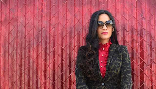 H&M Black and Green animal print blazer Red Talbots ruffle collar blouse Tom Ford Sunglasses