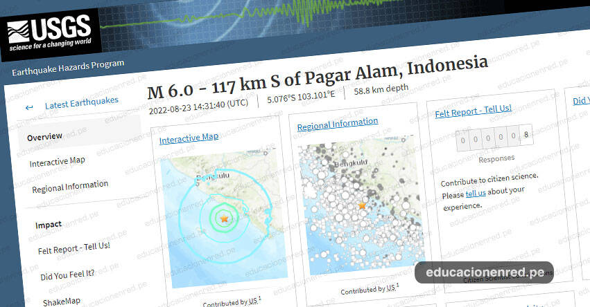 Terremoto en Indonesia de Magnitud 6.0 - Alerta de Tsunami (Hoy Martes 23 Agosto 2022) Sismo - Temblor - Epicentro - Pagar Alam - Sumatra Sur - Tanjungagung - USGS - www.earthquake.usgs.gov