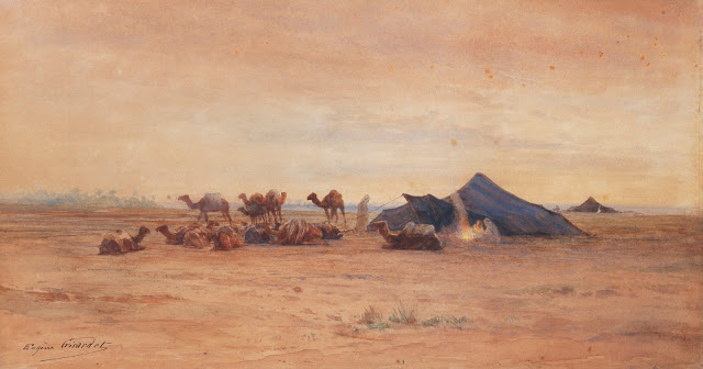 La halte de la caravane, Algérie - Eugène Alexis Girardet (Français - 1853-1907) - Huile sur toile - 22 x 40 cm