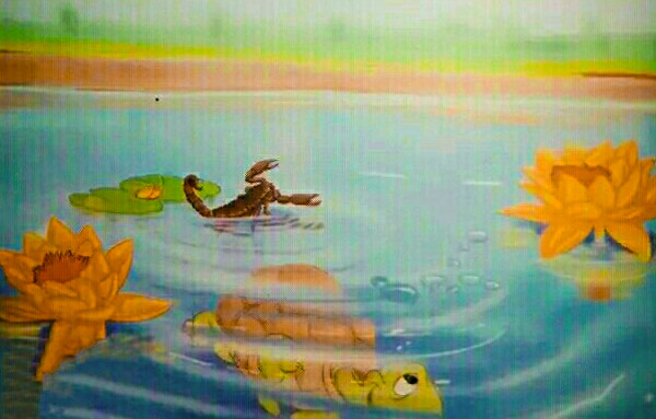 The turtle dived into the water, and the scorpion drowning in the stream in this way.