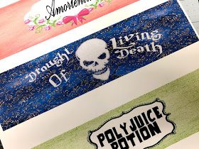 "Felix Felicis", "Poly Juice Potion", "Amortentia", and "Drought of Living Death." printable drink labels