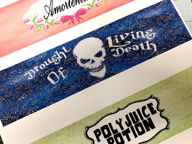 "Felix Felicis", "Poly Juice Potion", "Amortentia", and "Drought of Living Death." printable drink labels