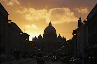 Saint Peter's Basilica at the Vatican is silhouetted during sunset in Rome, March 11, 2013. Roman Catholic Cardinals will begin their conclave inside the Vatican's Sistine Chapel Tuesday to elect a new pope. (Credit: Reuters/Paul Hanna) Click to Enlarge.