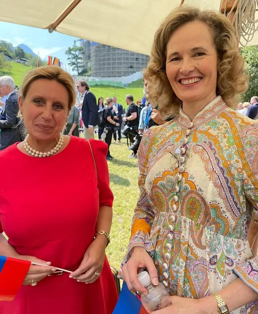 Princess Sophie wore a Lola paisley midi dress by Zimmermann. Princess Marie-Caroline wore a green top and skirt by Kenzo