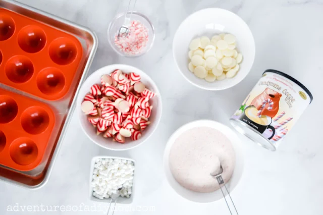 ingredients for candy cane kiss hot chocolate bombs