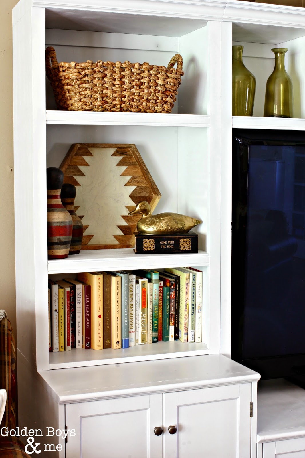 Bookcase styling in white painted wall unit-www.goldenboysandme.com