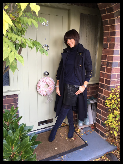 My Midlife Fashion, Wallis W Navy Military Coat, Faux Leather A Line Skirt Zara, Zara knitted polo neck jumper, Clarks Caddy Belle Over The Knee Boots