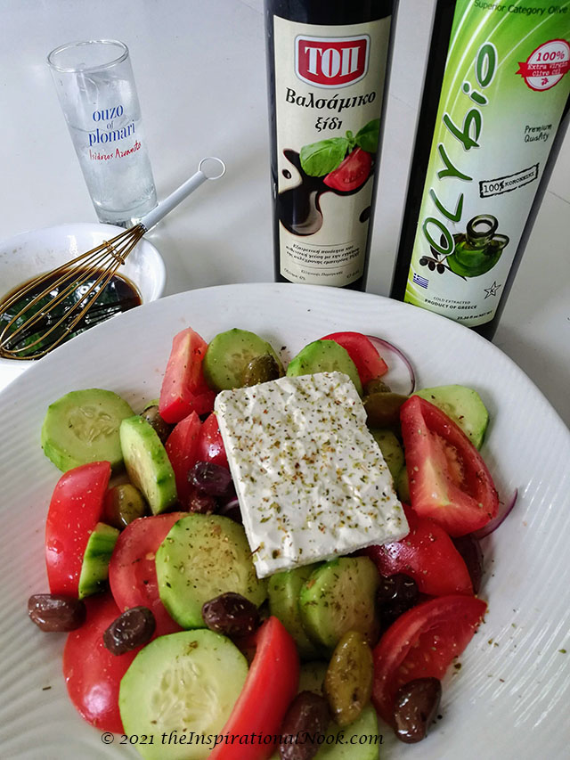 Horiatiki Salad, Greek Village salad, Mediterranean salad, feta, tomatoes, cucumber, kalamata olives, red onions, bell pepper, olive oil, balsamic vinegar, ouzo