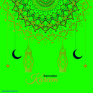 Ramadan Kareem! Greetings with crescent moon lanterns hanging stars islamic designs