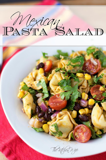 The finished plate of Mexican Pasta Salad with Tortellini, on a white plate, with the title above it.