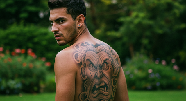 A shirtless man with a dramatic back tattoo featuring an intense, snarling face stands in a lush garden, looking over his shoulder with a serious expression.
