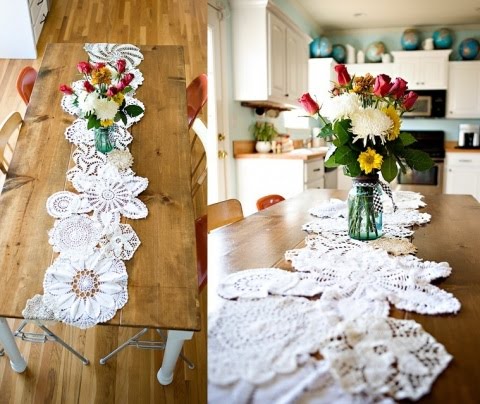 Have a lot of doilies sitting in a linen closet? Score a box full at a garage sale? Consider making this beautiful table runner or a vase, etc.