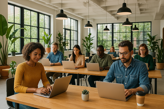 People working on laptops together in a bright, modern coworking space.