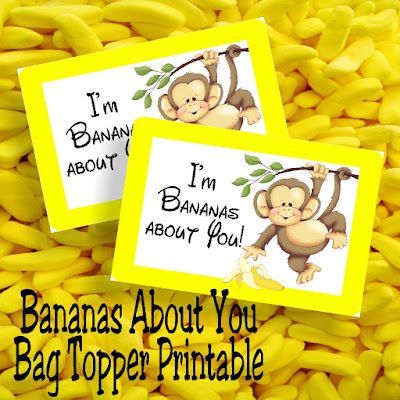 I'm Bananas About You! This free printable bag topper will show you how much this Valentine's day.  Simply print off the bag topper, add some candy bananas or dried bananas slices to a bag, and then add your To and From to the back for an easy class valentine perfect for boys or girls. #classvalentine #bagtopper #monkey #candybanana #diypartymomblog