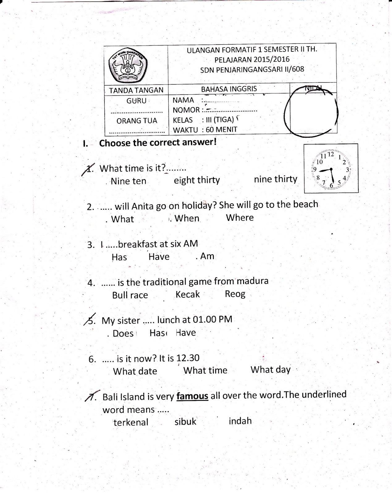 Ulangan Harian 1 Bhs Inggris SD Kelas 3 TA 2015 2016 Semester Genap