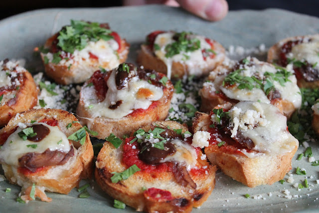 Bruschetta-like snacks at Sweet Basil, Needham, Mass.