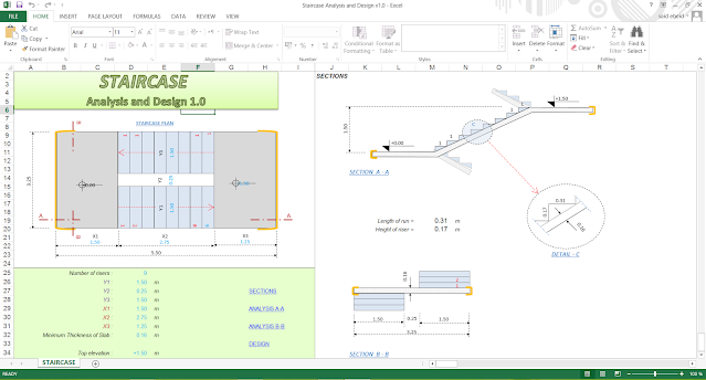 ملف اكسيل لتصميم الدرج او السلالم بكل انواعها-Staircase Analysis and Design