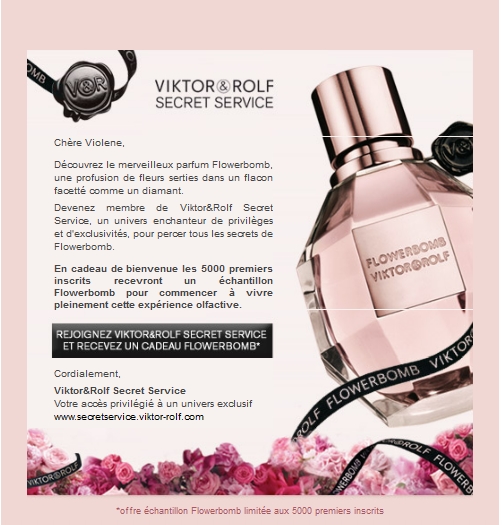 Inscrivez-vous sur le site Viktor&Rolf et recevez en cadeau un échantillon gratuit du parfum Flowerbomb de Viktor&Rolf. bon plan echantillage gratuit bon plan parfum gratuit