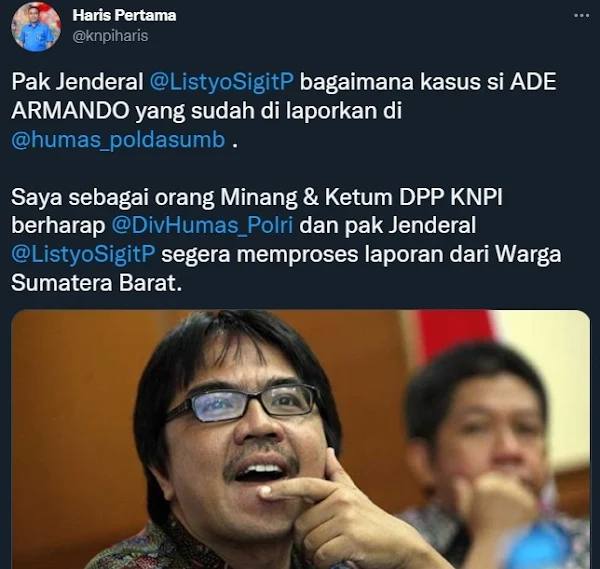 SEKELOMPOK orang yang mengatasnamakan Badan Koordinasi Kerapatan Adat Nagari  Disebut Kadrun, Warga Sumbar Laporkan Ade Armando, Kapolri Diminta Untuk Memproses