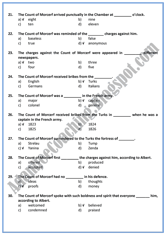 The-Counts-Revenge-Characters-MCQs-English-XI