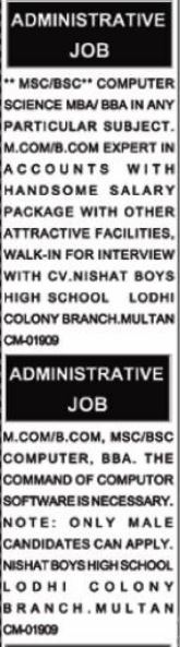 Nishat Boys High School Education Josb In Multan 2023