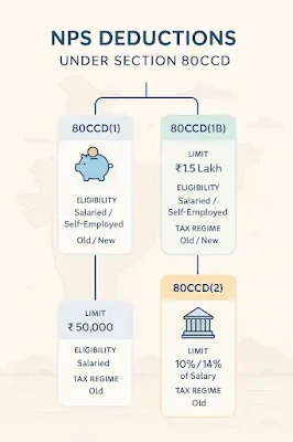 Flowchart illustrating NPS deductions under Section 80CCD(1), 80CCD(1B), and 80CCD(2), showing eligibility, tax limits, and applicable regimes using icons and pastel colors for salaried and self-employed individuals.