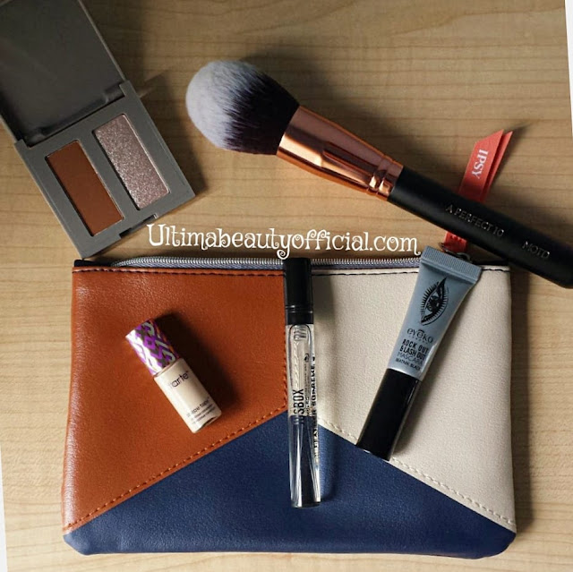 November 2020's ipsy bag, COMPLEX CULTURE: FULL TIME Eyeshadow: Dinner Party Duo in Chestnut & Rose Gold, MOTD COSMETICS: A Perfect 10 Tapered Face Brush, TARTE: Double Duty Beauty™ Shape Tape™ Concealer in Fair Neutral, JUSBOX PERFUMES: Feather Supreme Eau de Parfum, EYEKO: Rock Out and Lash Out Mascara in Carbon Black