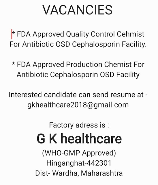 Job Availables, GK Healthcare Maharashtra Job Vacancy For FDA Approved Quality Control Cehmist