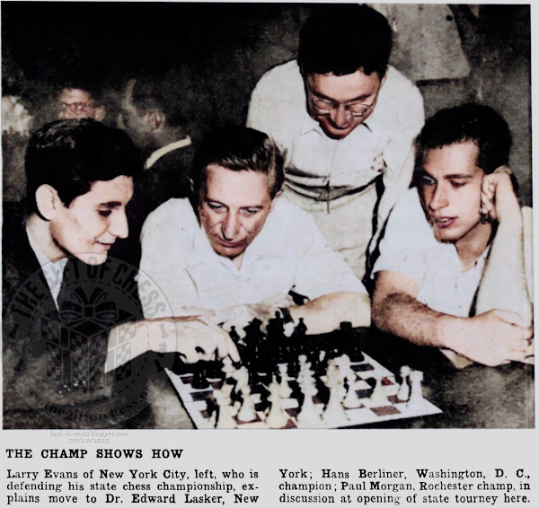 Larry Evans of New York City, left, who is defending his state chess championship, explains move to Dr. Edward Lasker, New York; Hans Berliner, Washington, D. C., champion; Paul Morgan, Rochester champ, in discussion at opening of state tourney here.