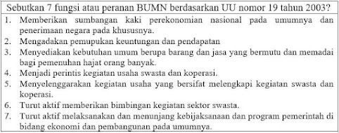 Sebutkan 7 fungsi atau peranan BUMN berdasarkan undang-undang nomor 19 tahun 2003?