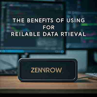 A digital device labeled "ZENROW" in front of blurry computer screens with text about data retrieval benefits.