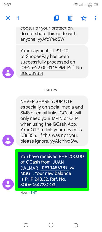 gcash text confirmation money sent