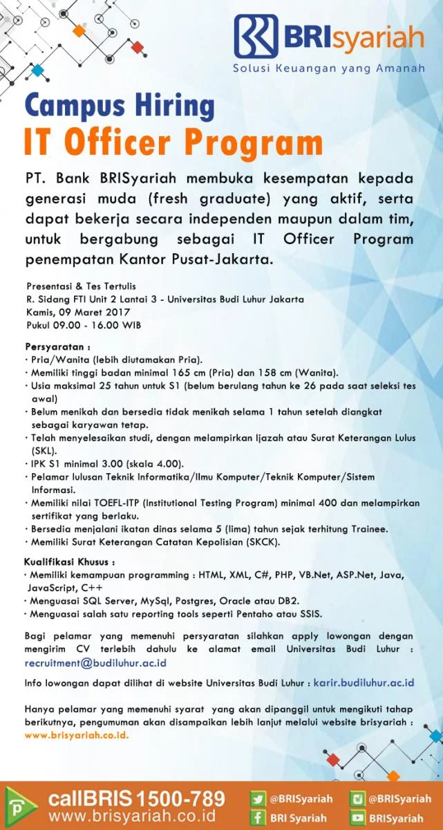  PT Bank BRI Syariah Minimal S1 Teknik Informatika