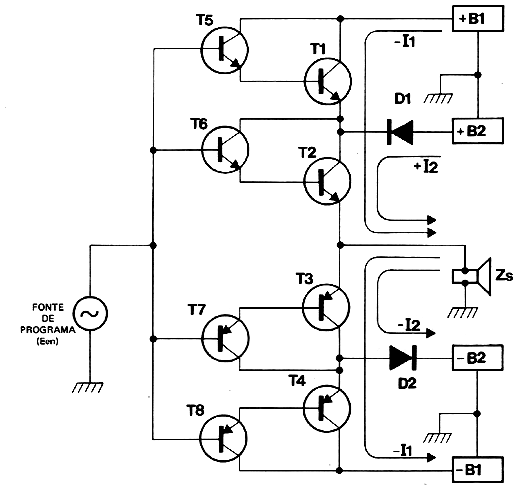 Diagrama esquemático de um amplificador de saída de áudio em Classe "G"