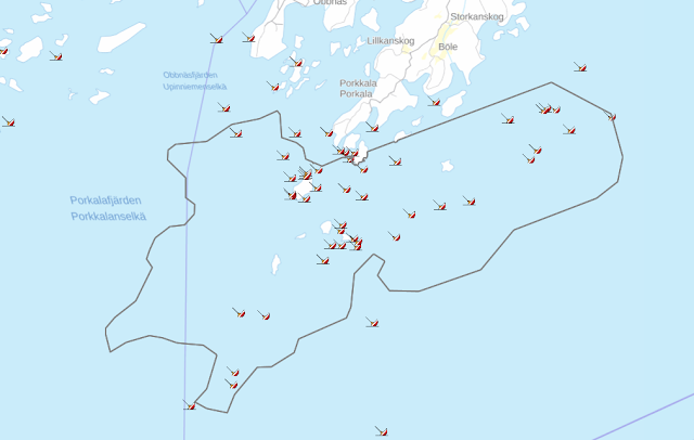 Karttakuva Porkkalan alueesta, jossa on hylkysymboleita, jotka kuvaavat alueen tunnettuja hylkyjä.