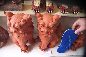 Shisa statue pair, red clay, 3000 yen, 12 inch sandal