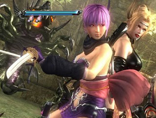 Two females with low cut tops and large breasts and thigh length boots fighting