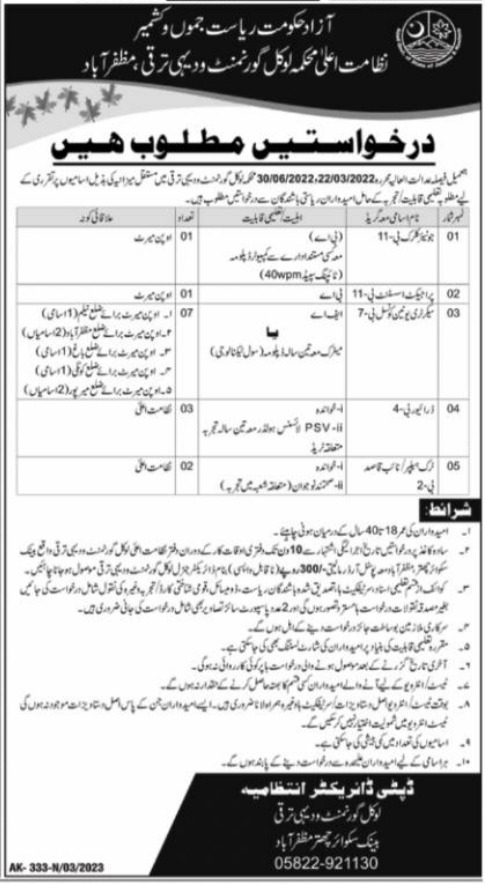 Latest Local Government and Rural Development Department Management Posts Muzaffarabad 2023