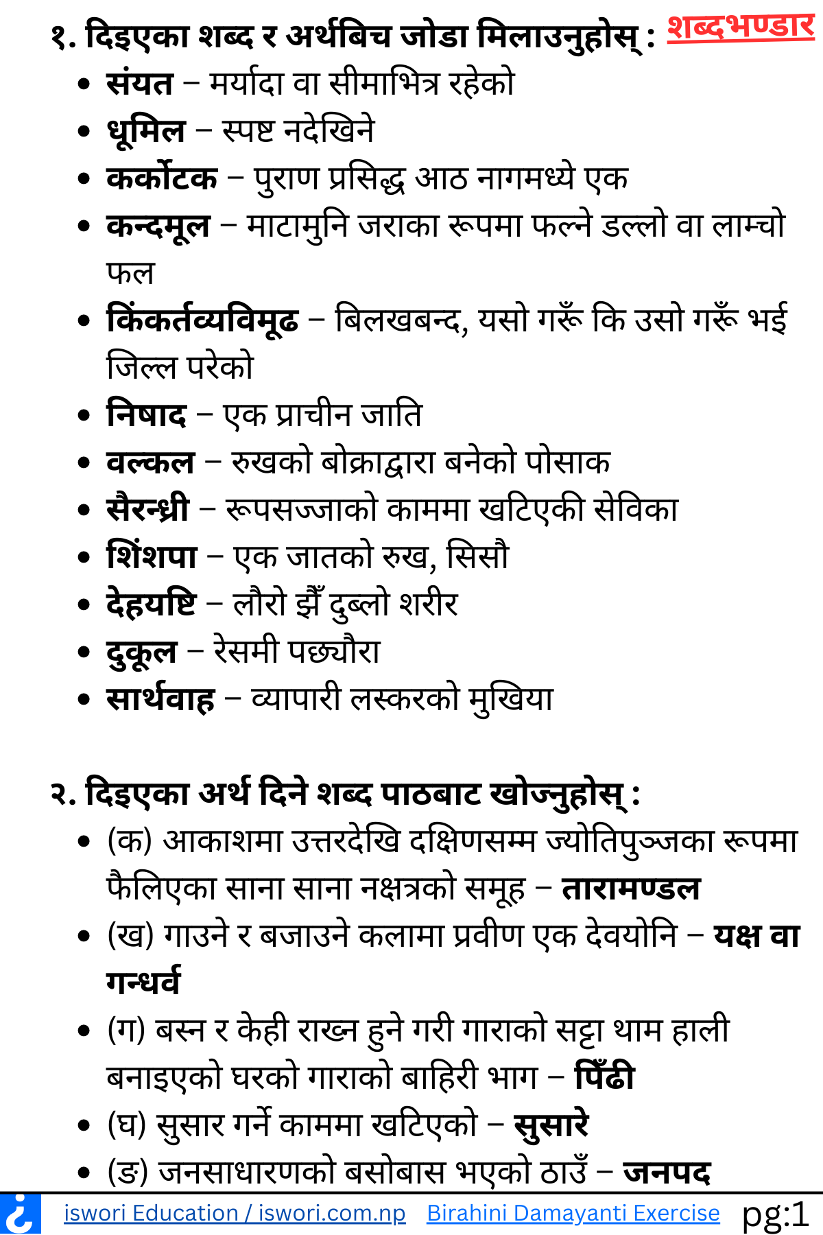 Birahini Damayanti Exercise, Summary Class 12 Nepali Unit 2