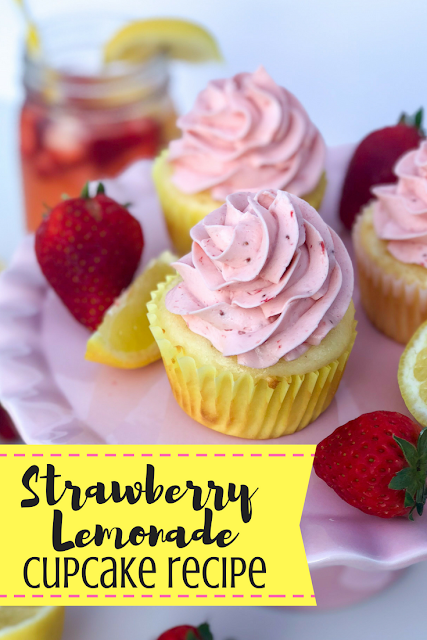 Strawberry Lemonade Cupcake Recipe. Lemon cupcakes with strawberry puree buttercream frosting. Beautiful summer dessert recipe