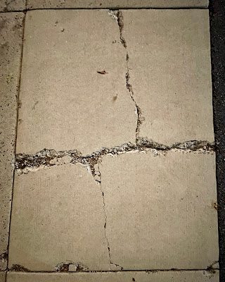 Sidewalk paver with stained-glass-like cracks.