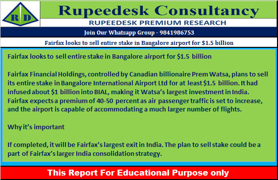 Fairfax looks to sell entire stake in Bangalore airport for $1.5 billion - Rupeedesk Reports - 27.10.2022