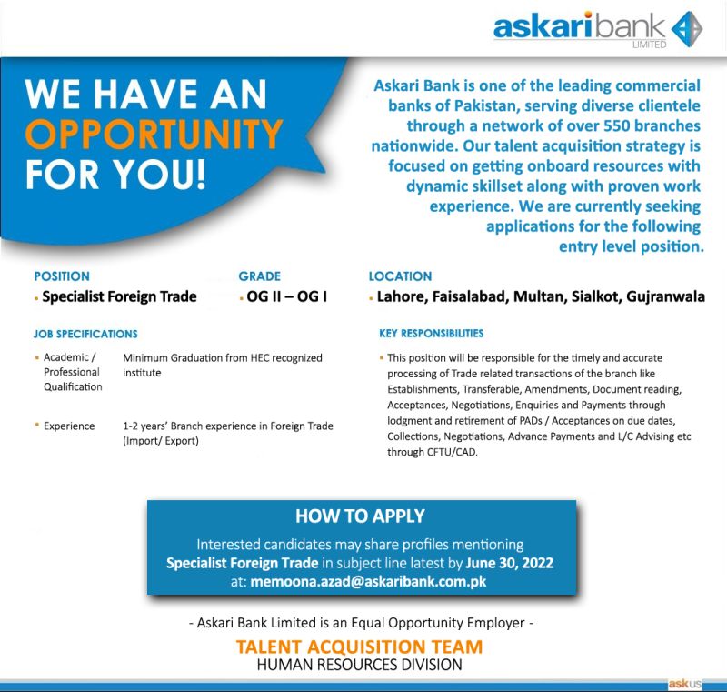 Career Opportunity In Askari Bank Ltd for Specialist Foreign Trade