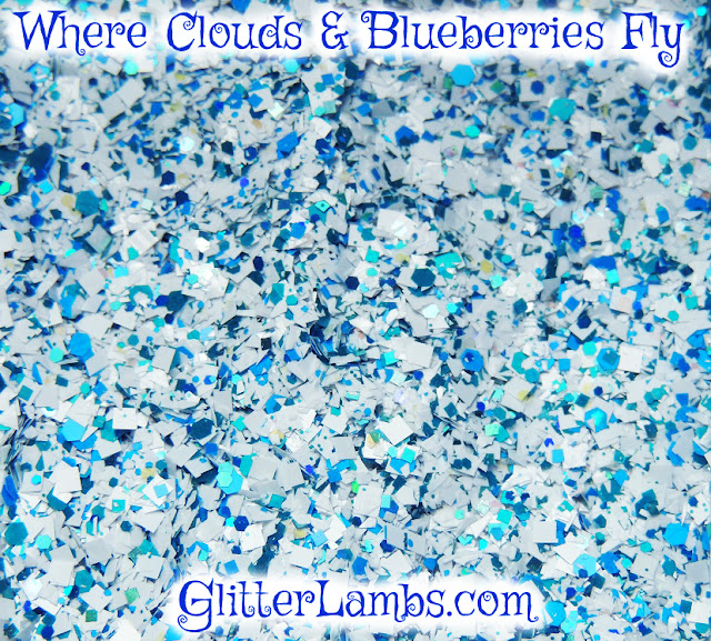  Our "Where Clouds & Blueberries Fly" loose glitter mix has white matte squares, white shreds, tiny blue holographic squares and tiny blue iridescent glitters.