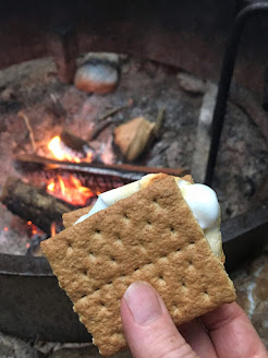 a close up of a s'more near a campfire in Jamaica State Park Vermont